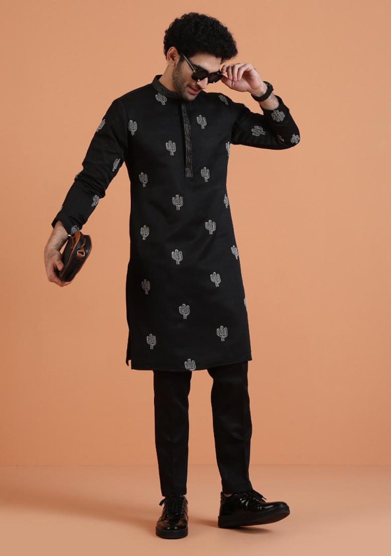 Black Embroidered Silk Blend Kurta For Men