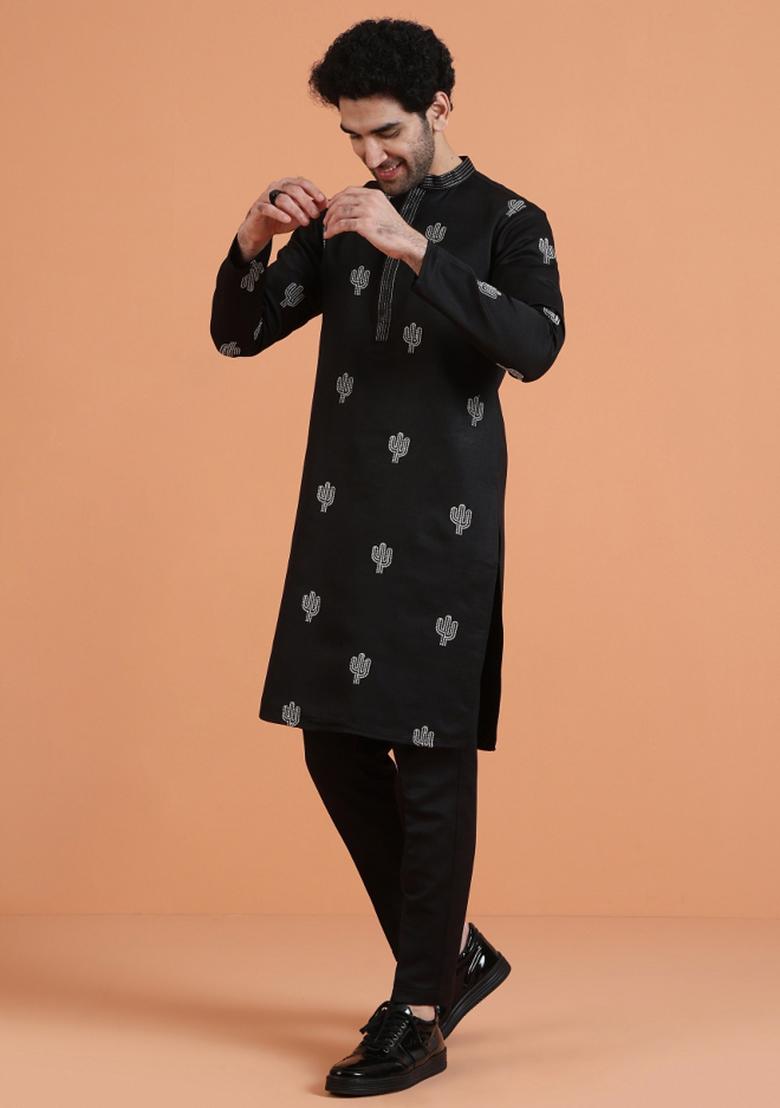 Black Embroidered Silk Blend Kurta For Men