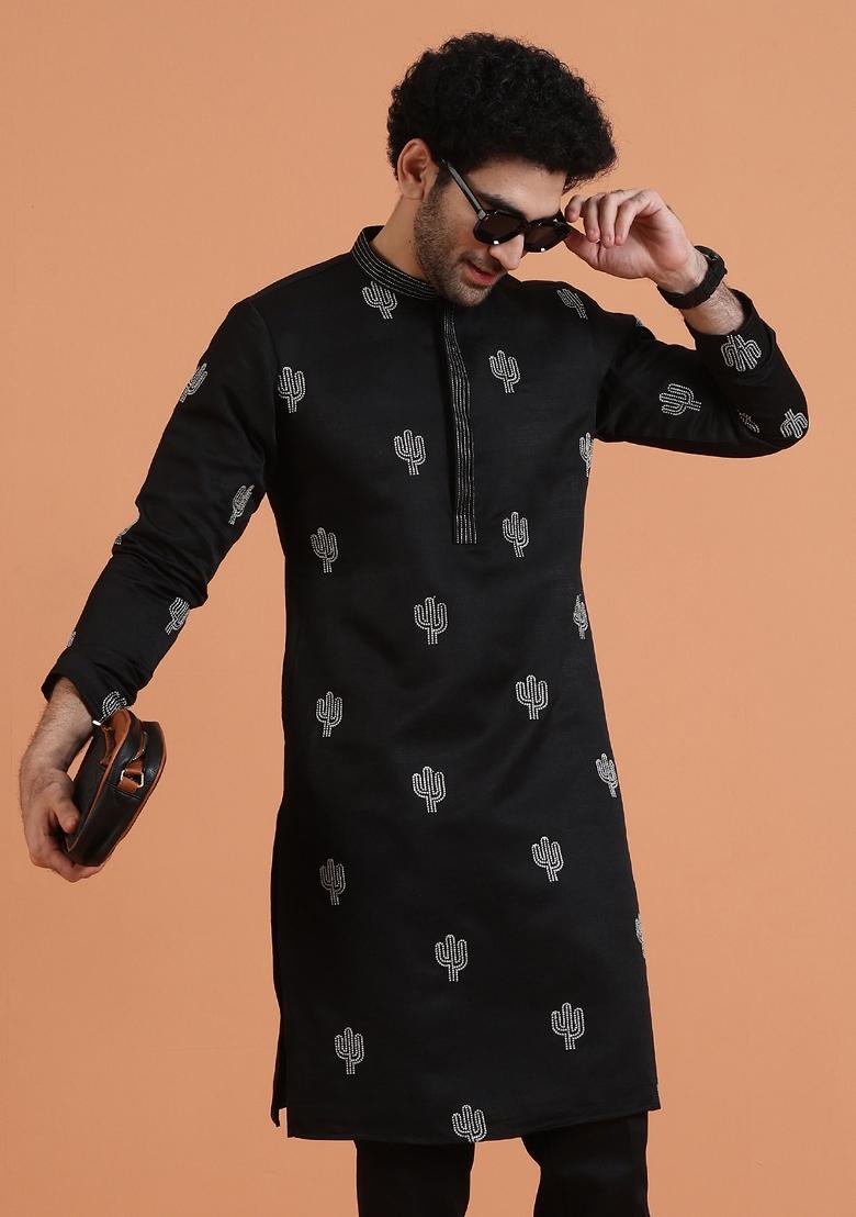 Black Embroidered Silk Blend Kurta For Men
