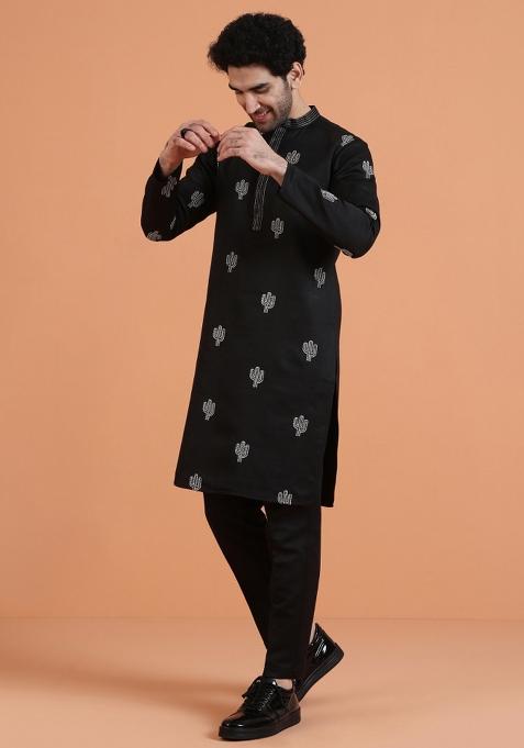 Black Embroidered Silk Blend Kurta For Men