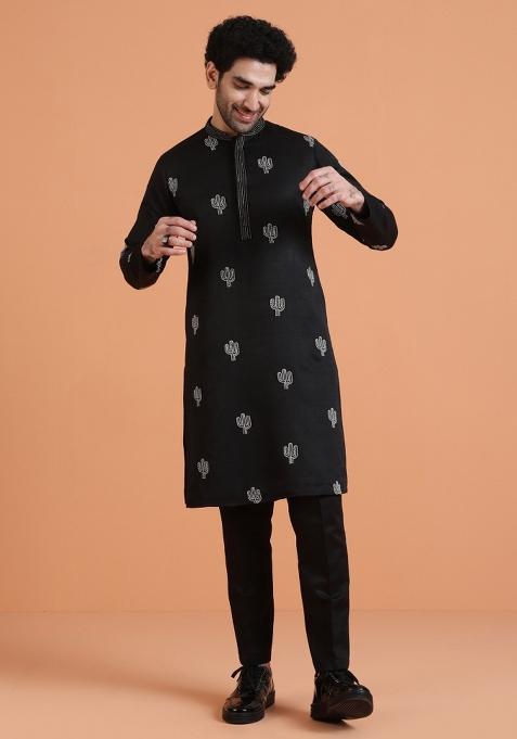 Black Embroidered Silk Blend Kurta For Men