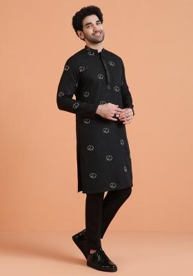 Black Embroidered Silk Blend Kurta For Men