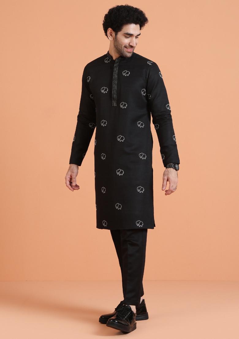 Black Embroidered Silk Blend Kurta For Men