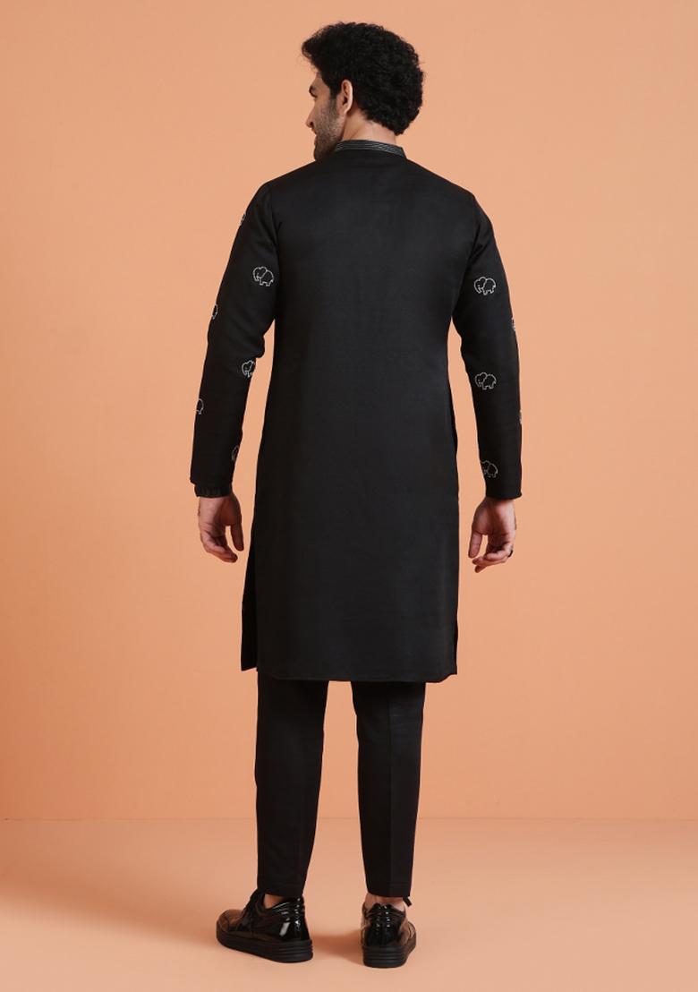 Black Embroidered Silk Blend Kurta For Men