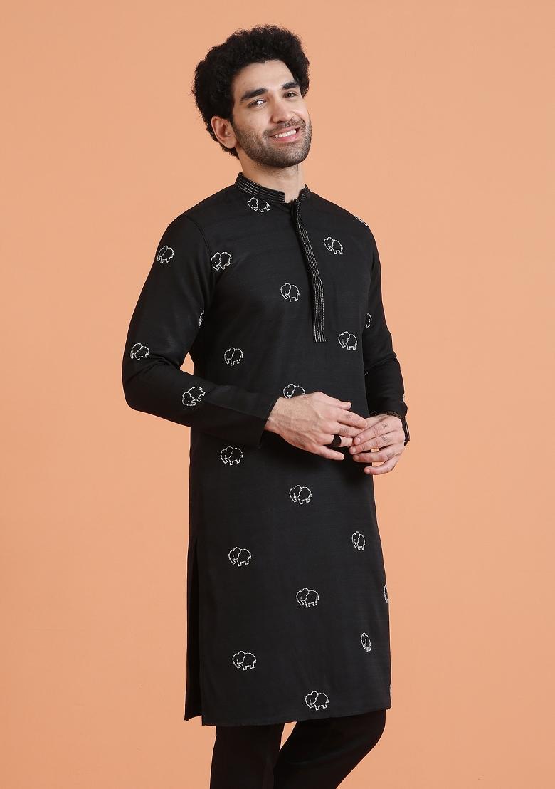 Black Embroidered Silk Blend Kurta For Men