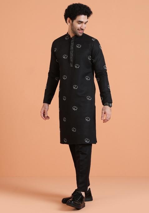 Black Embroidered Silk Blend Kurta For Men