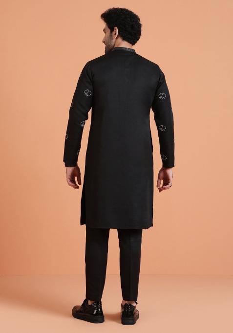 Black Embroidered Silk Blend Kurta For Men