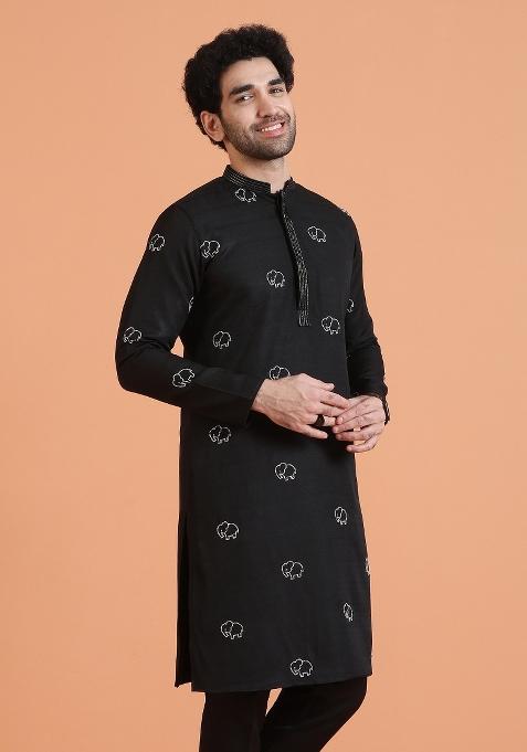 Black Embroidered Silk Blend Kurta For Men