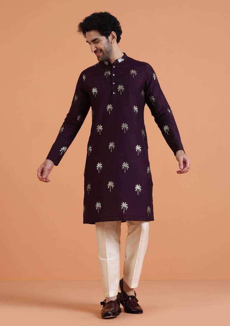 Maroon Printed Silk Blend Kurta For Men - Indya
