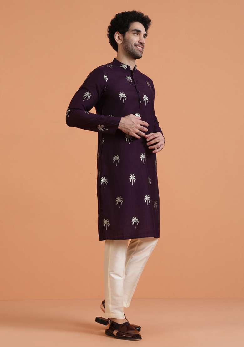 Maroon Printed Silk Blend Kurta For Men - Indya