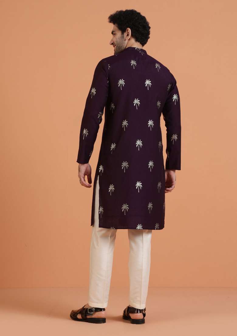 Maroon Printed Silk Blend Kurta For Men - Indya