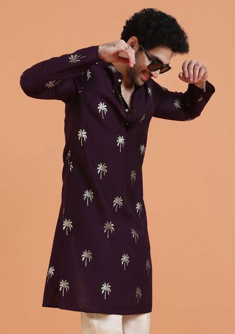 Maroon Printed Silk Blend Kurta For Men - Indya