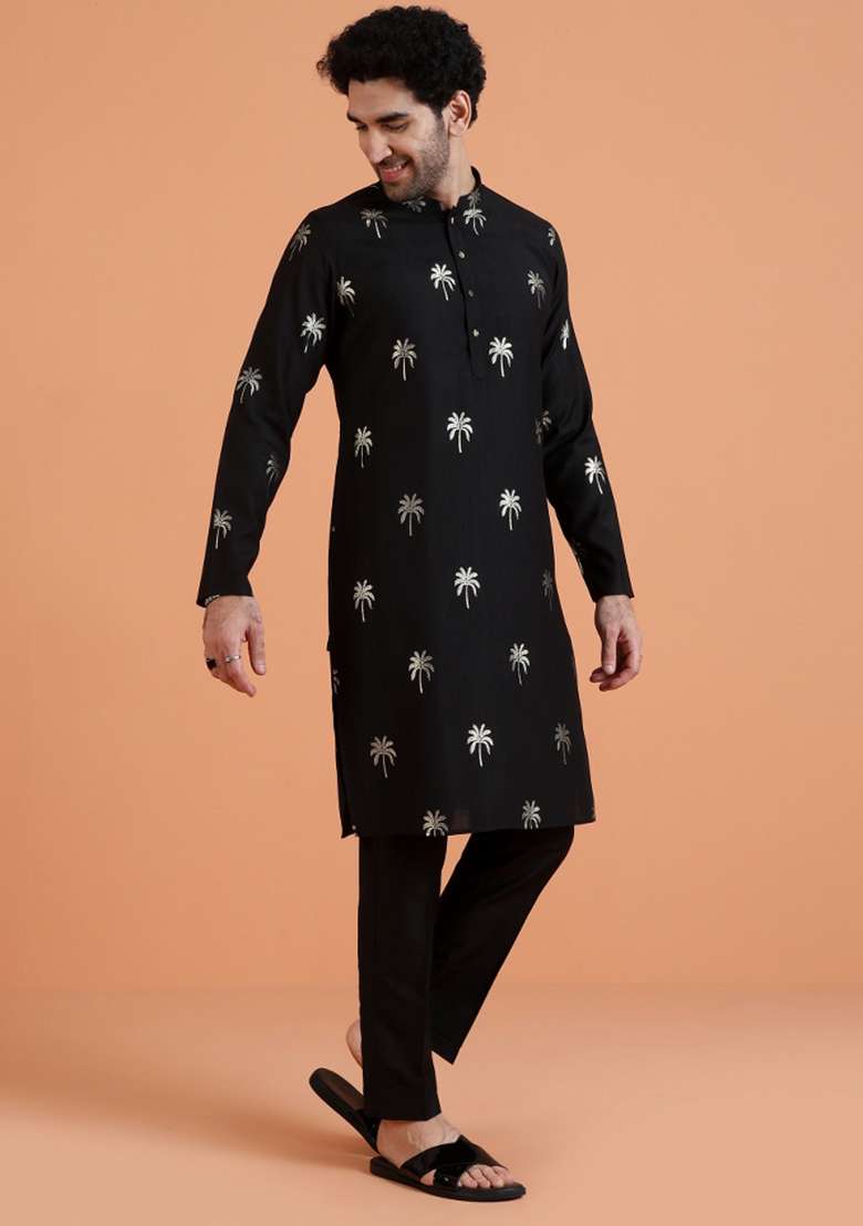Black Printed Silk Blend Kurta For Men - Indya