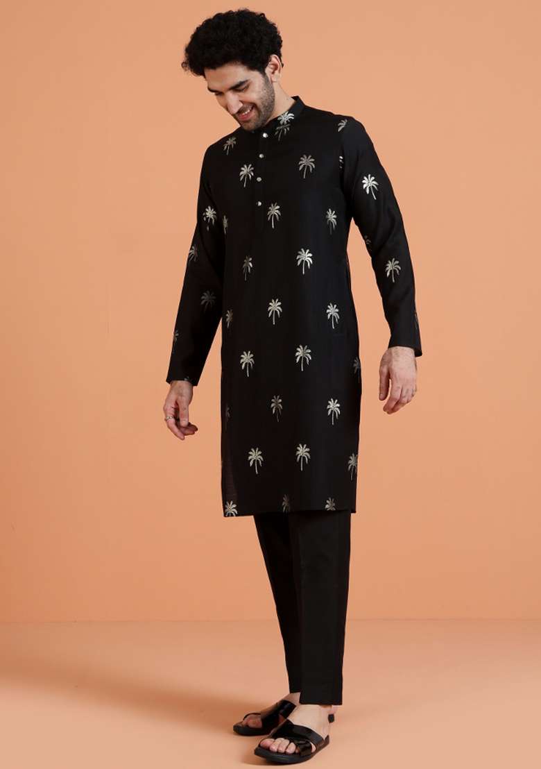 Black Printed Silk Blend Kurta For Men - Indya
