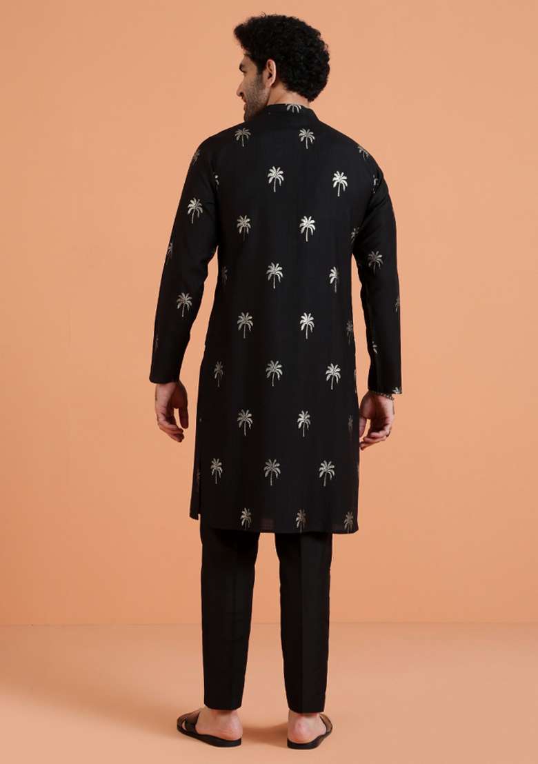 Black Printed Silk Blend Kurta For Men - Indya