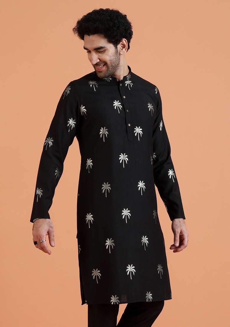 Black Printed Silk Blend Kurta For Men - Indya