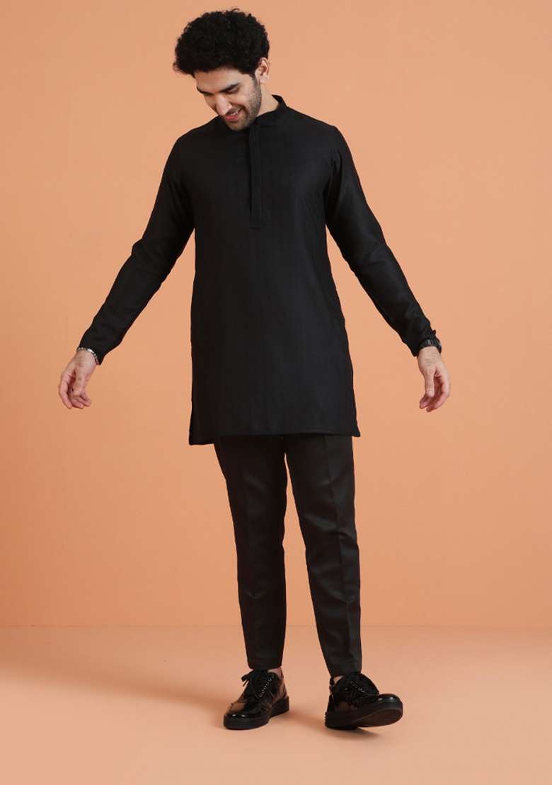Black Solid Silk Blend Kurta For Men - Indya