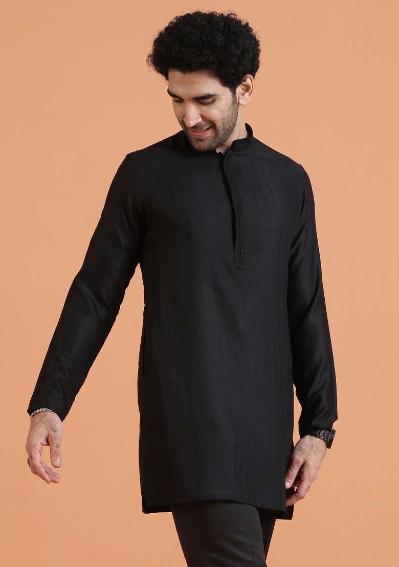Black Solid Silk Blend Kurta For Men - Indya