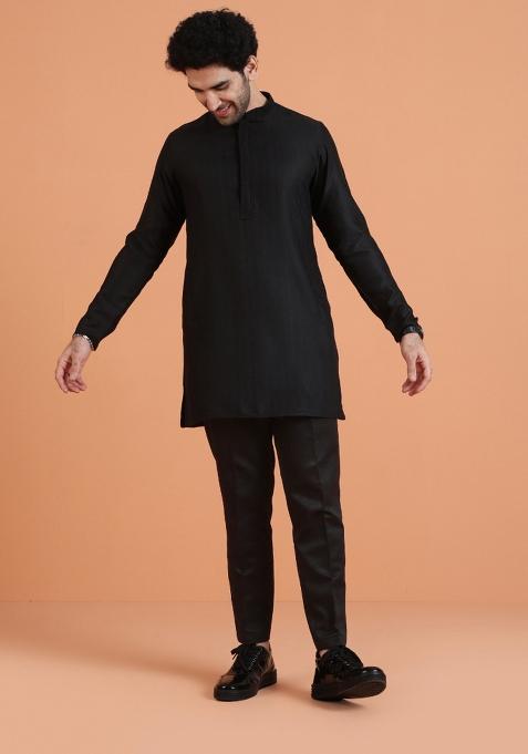 Black Solid Silk Blend Kurta For Men
