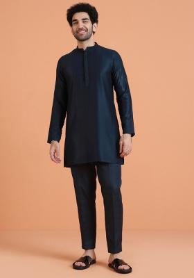 Blue Solid Silk Blend Kurta For Men