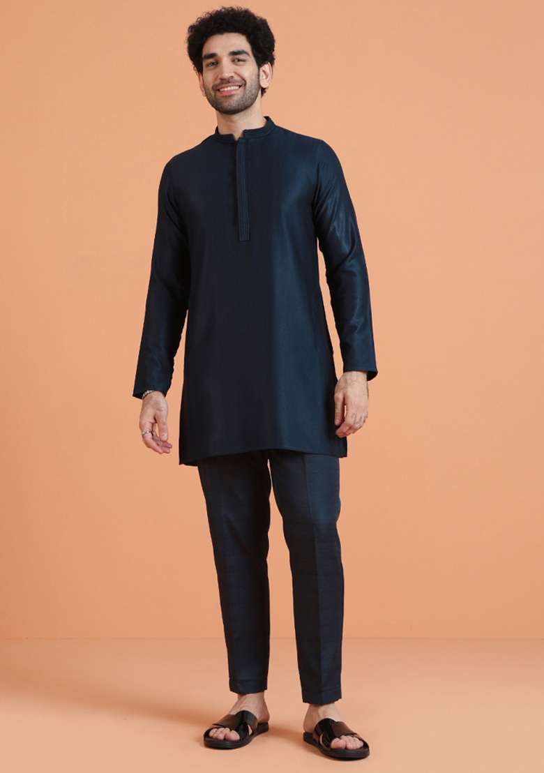 Blue Solid Silk Blend Kurta For Men - Indya