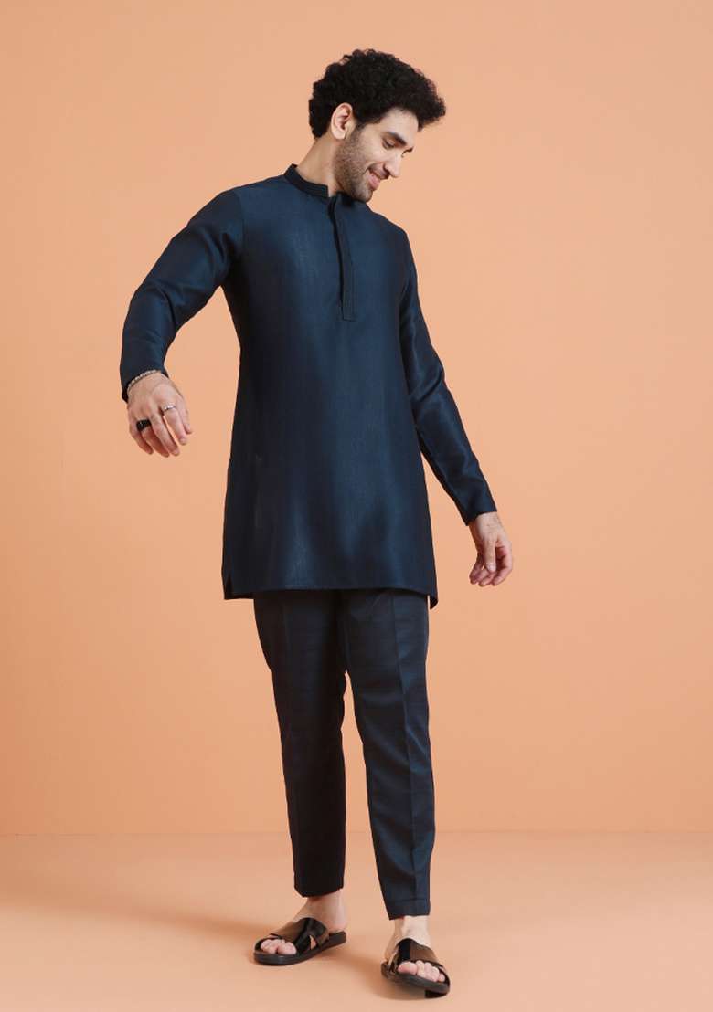 Blue Solid Silk Blend Kurta For Men - Indya