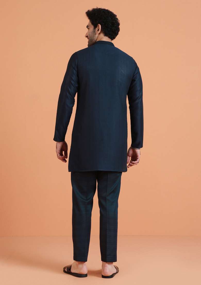 Blue Solid Silk Blend Kurta For Men - Indya