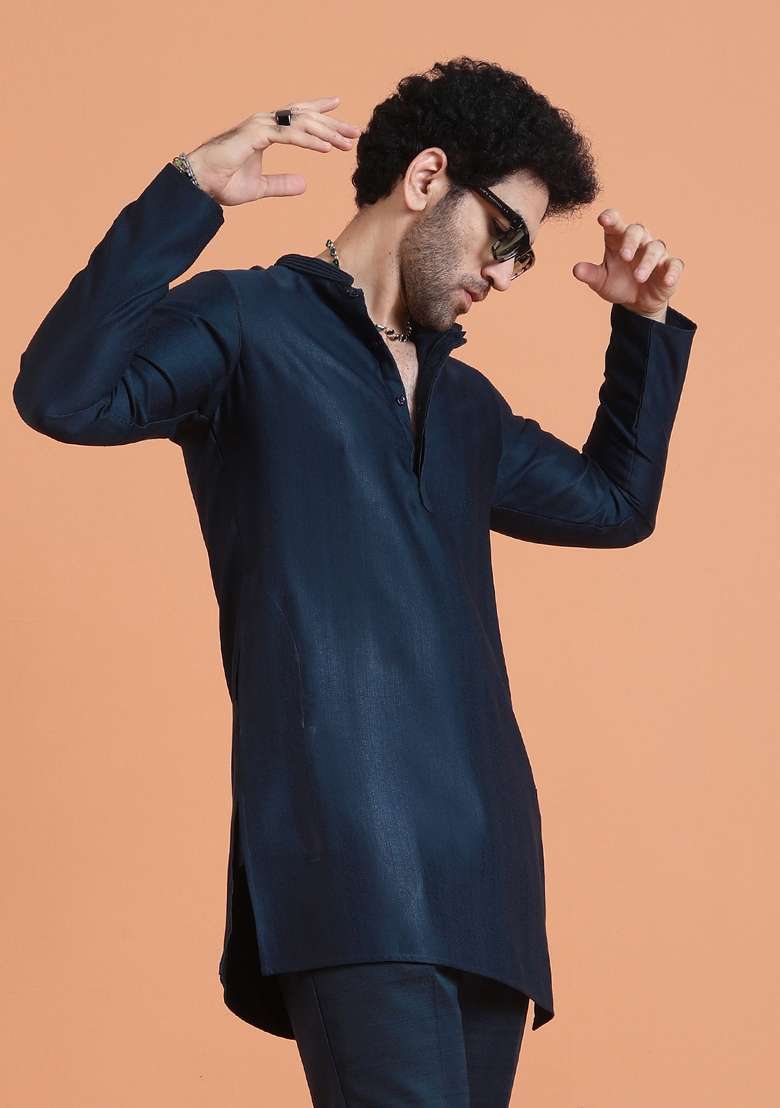 Blue Solid Silk Blend Kurta For Men - Indya