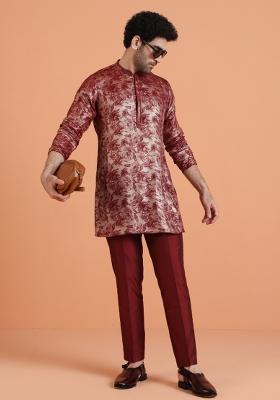 Maroon Printed Silk Blend Kurta For Men