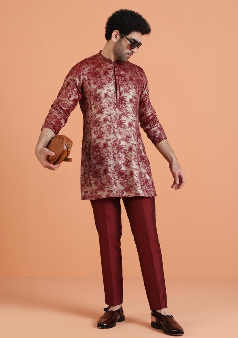 Maroon Printed Silk Blend Kurta For Men