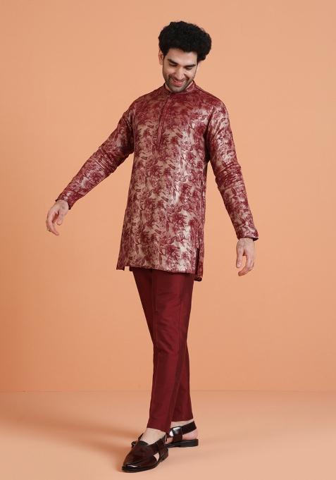 Maroon Printed Silk Blend Kurta For Men