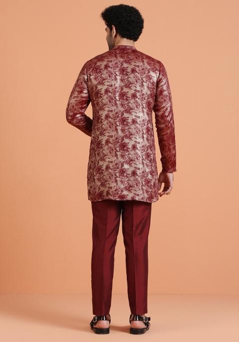 Maroon Printed Silk Blend Kurta For Men