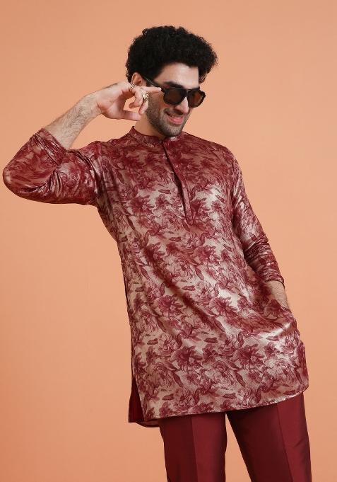 Maroon Printed Silk Blend Kurta For Men