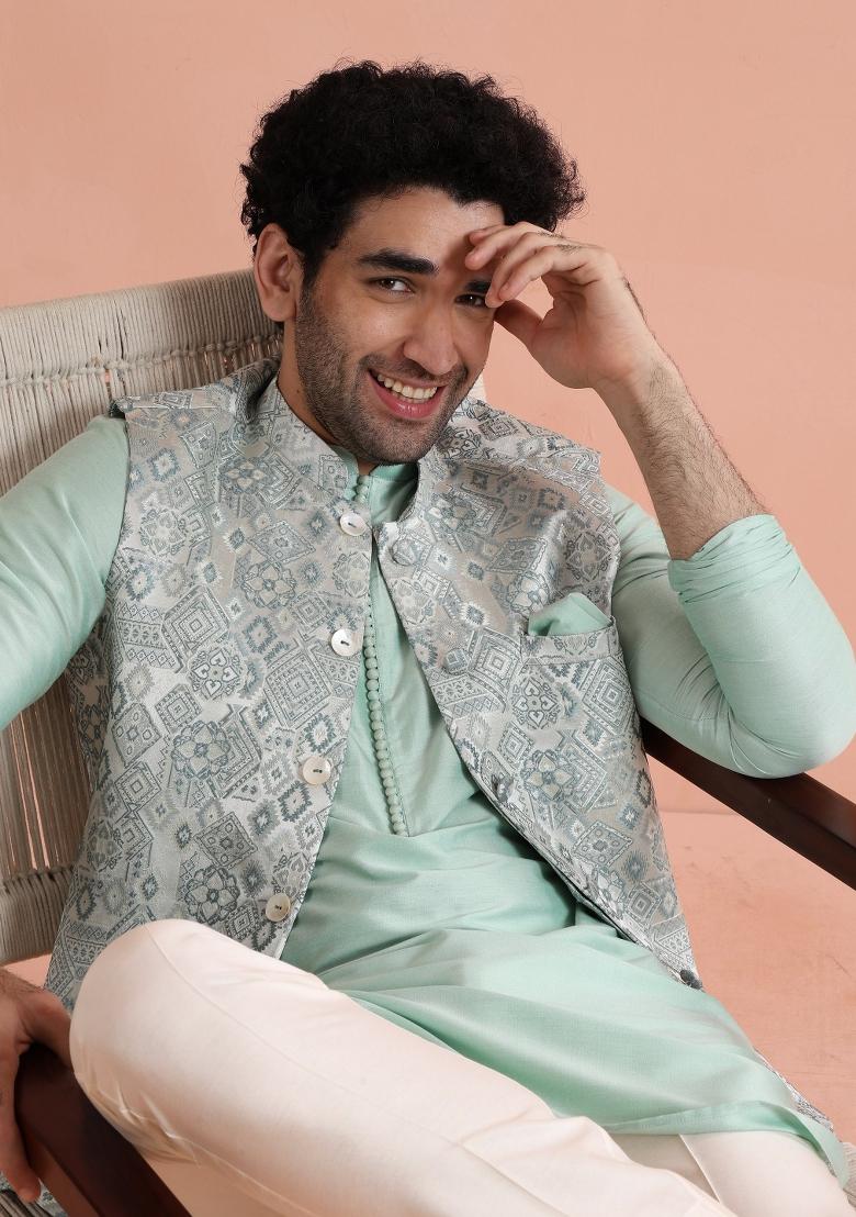 Mauve Jacquard Silk Blend Jacket For Men - Indya