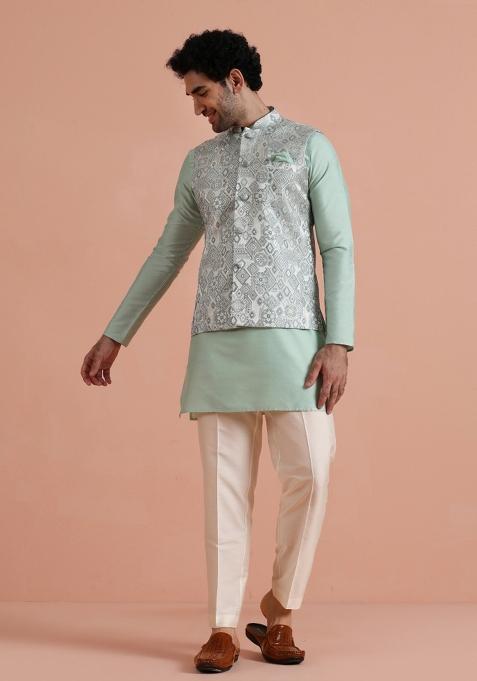 Mauve Jacquard Silk Blend Jacket For Men — view on Indya