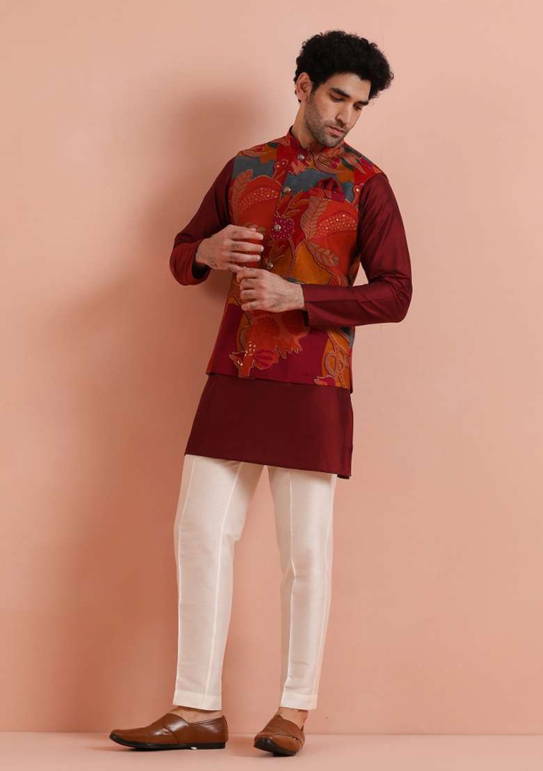 Multicolor Printed Poly Viscose Jacket For Men - Indya