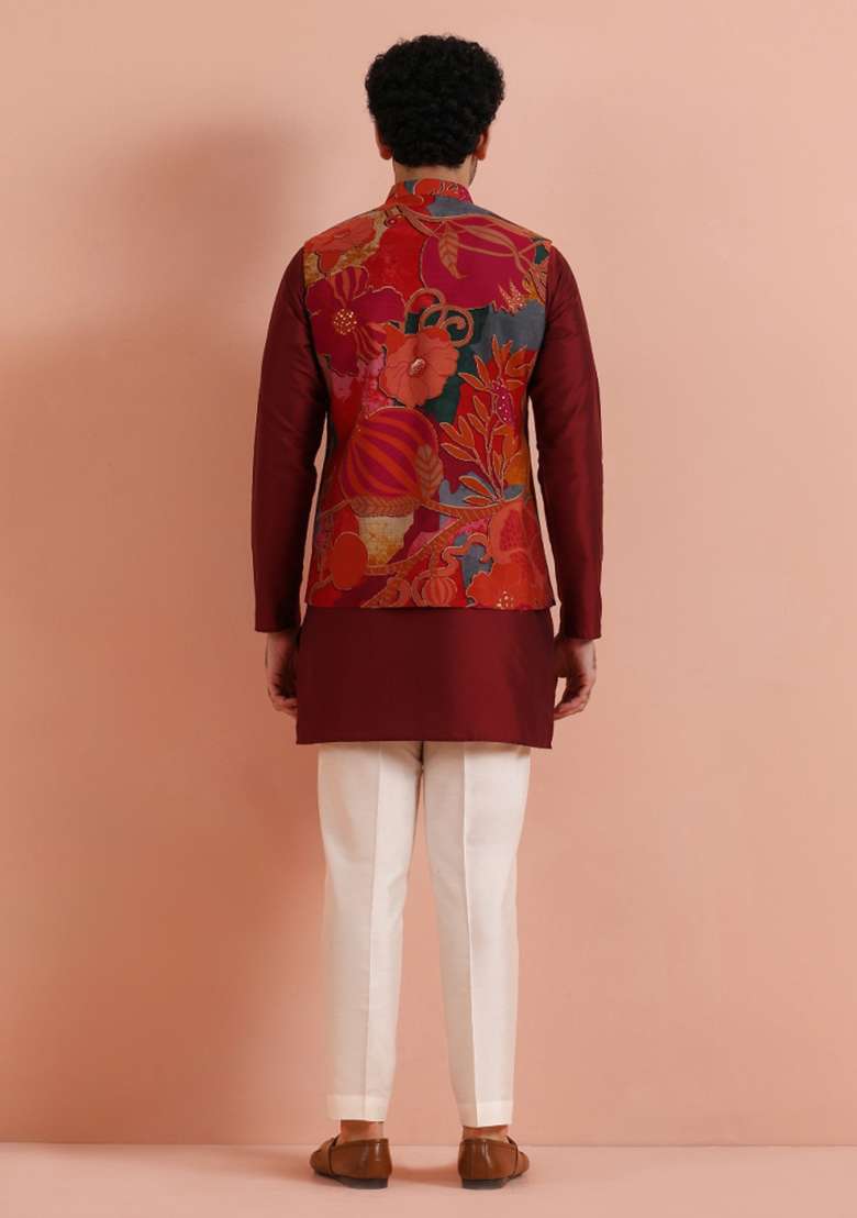 Multicolor Printed Poly Viscose Jacket For Men - Indya