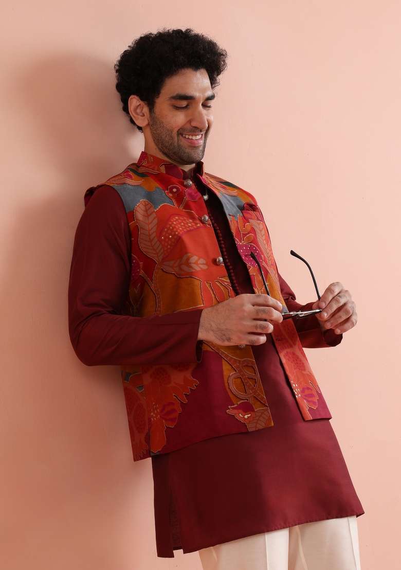 Multicolor Printed Poly Viscose Jacket For Men - Indya