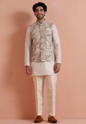 Beige Jacquard Silk Blend Jacket For Men