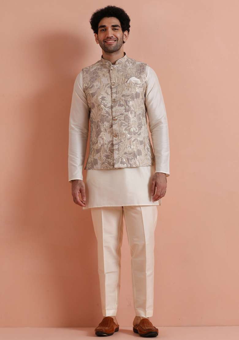 Beige Jacquard Silk Blend Jacket For Men - Indya