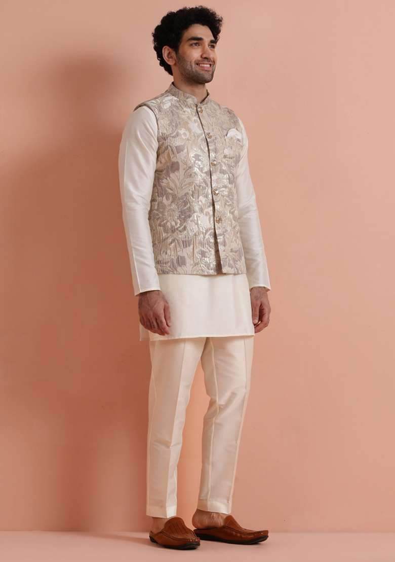 Beige Jacquard Silk Blend Jacket For Men - Indya