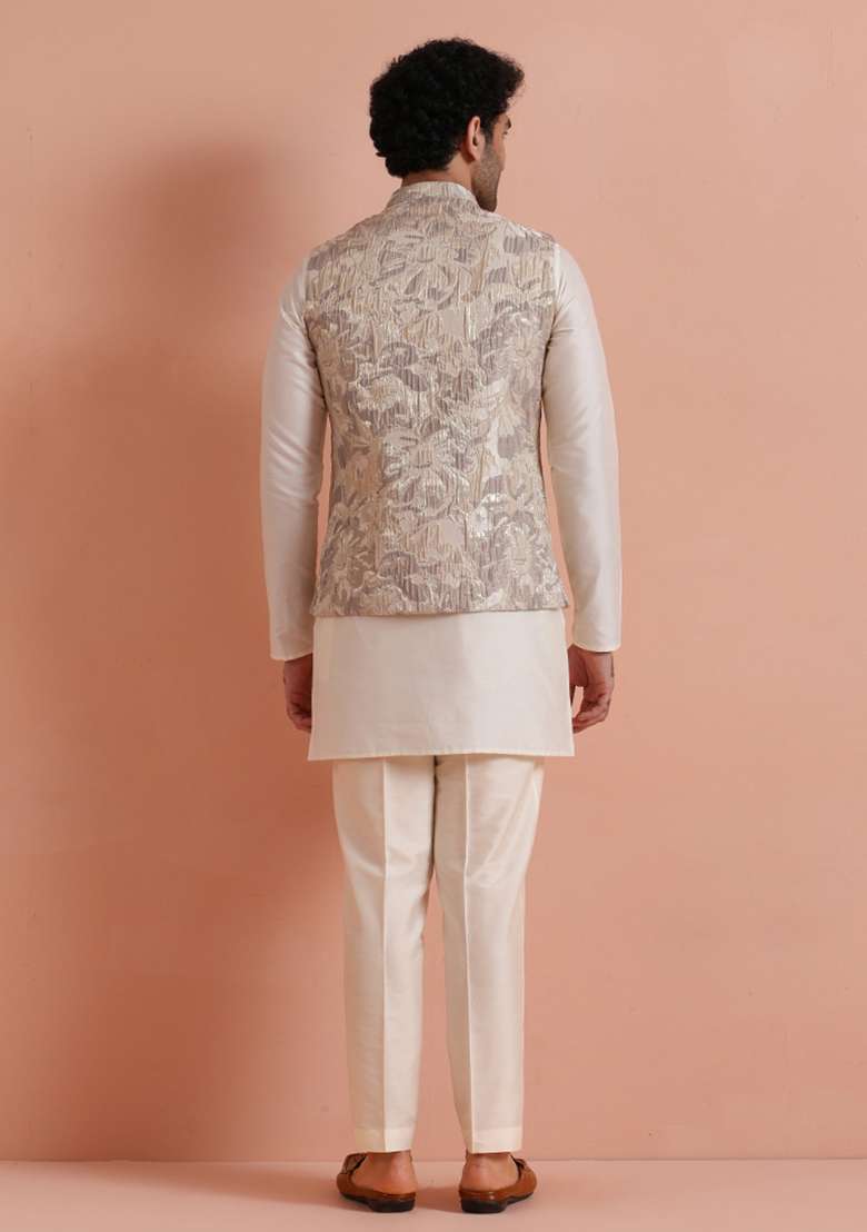 Beige Jacquard Silk Blend Jacket For Men - Indya
