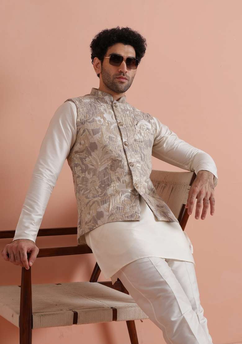 Beige Jacquard Silk Blend Jacket For Men - Indya