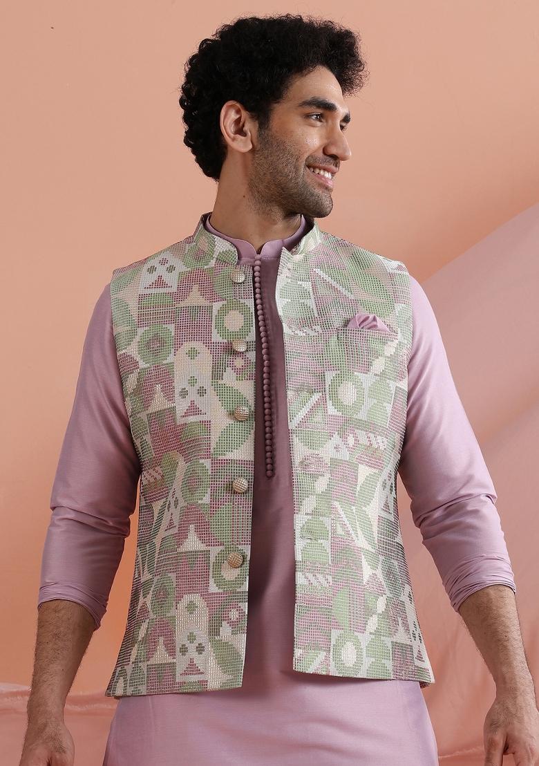 Multicolor Jacquard Silk Blend Jacket For Men - Indya