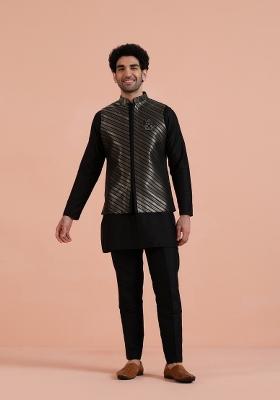 Black Jacquard Silk Blend Jacket For Men