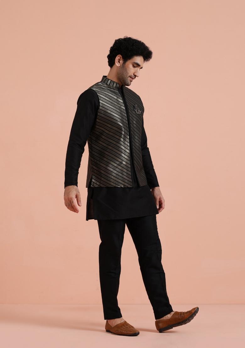 Black Jacquard Silk Blend Jacket For Men - Indya