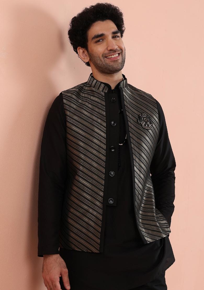 Black Jacquard Silk Blend Jacket For Men - Indya