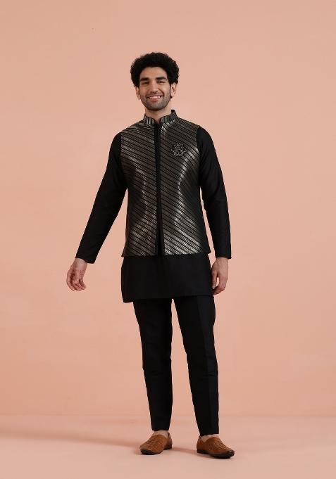 Black Jacquard Silk Blend Jacket For Men — view on Indya