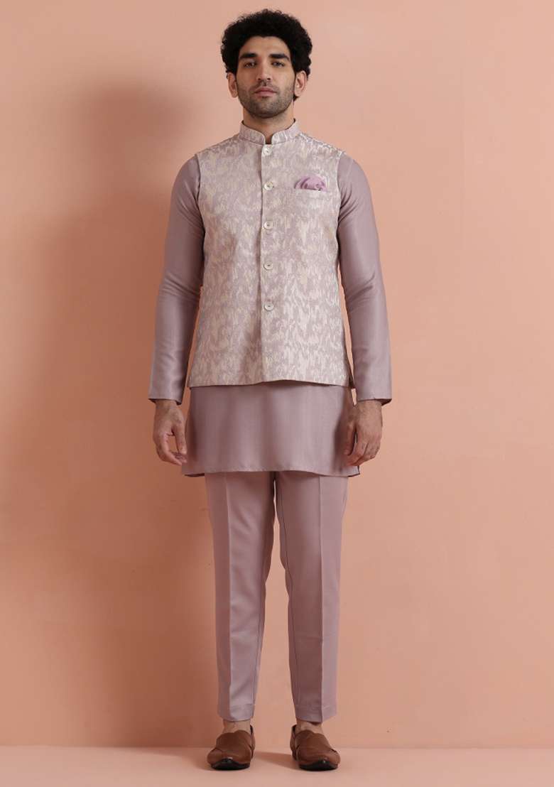 Pink Jacquard Silk Blend Jacket For Men - Indya