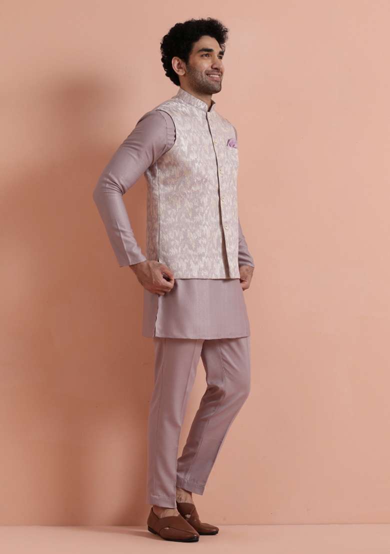 Pink Jacquard Silk Blend Jacket For Men - Indya